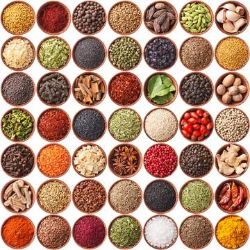 Large collection of different spices and herbs Stock Photos