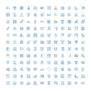 Large collection of diverse blue hand drawn line icons Ilustración de archivo