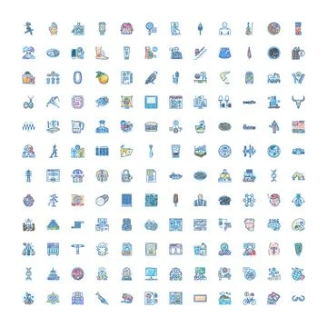 Large collection of diverse blue line art icons Stock Illustration