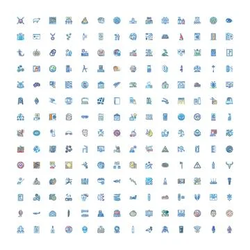 Large collection of diverse blue line art icons Stock Illustration