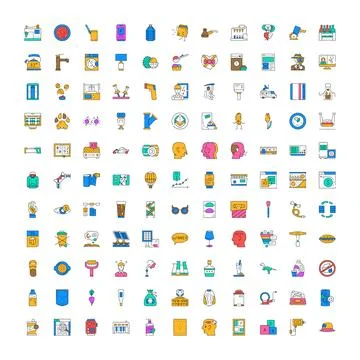 Large collection of diverse flat line icons Illustrazione stock