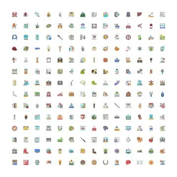 Large collection of diverse flat line icons Illustrazione stock