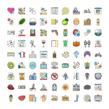 Large collection of diverse flat line color icons 스톡 일러스트