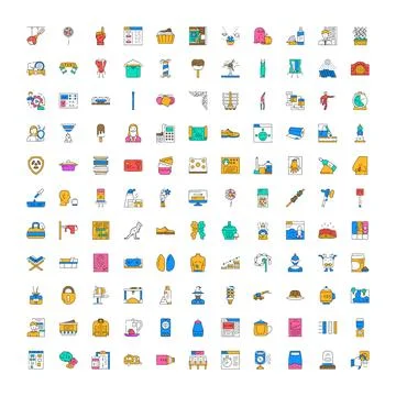 Large collection of diverse flat outline icons with color 스톡 일러스트