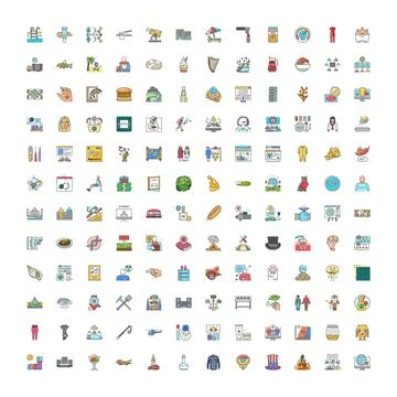 Large collection of diverse flat outline icon set Stock Illustration