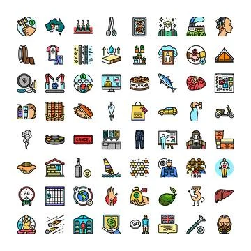 Large collection of diverse flat style icons presenting various concepts Stock Illustration