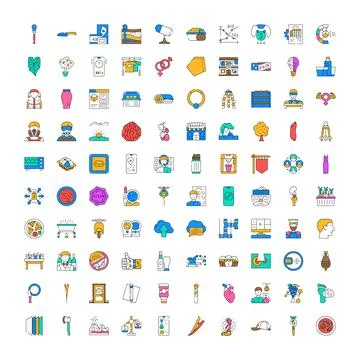Large collection of diverse outline vector colorful icons Illustrazione stock