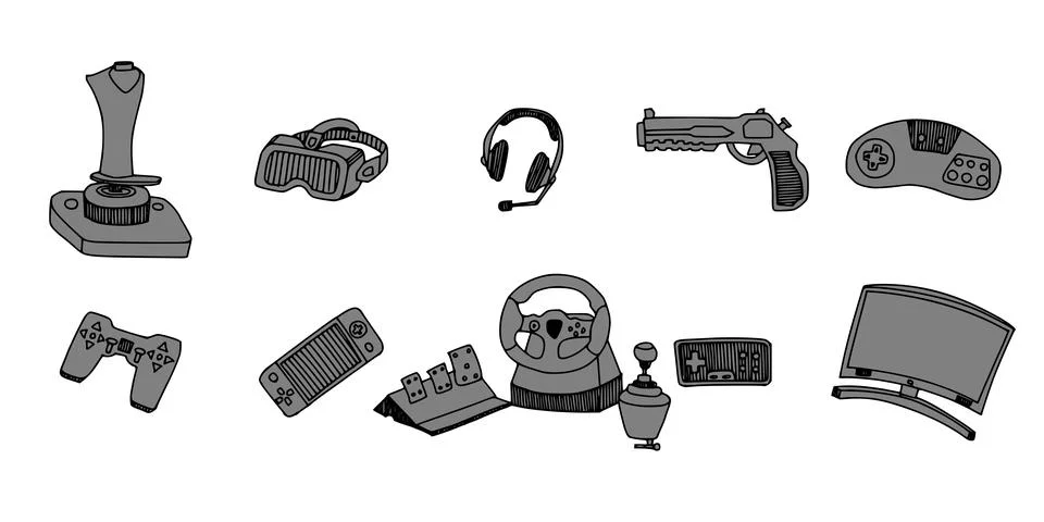 Large collection doodle drawings featuring gaming 库存插图