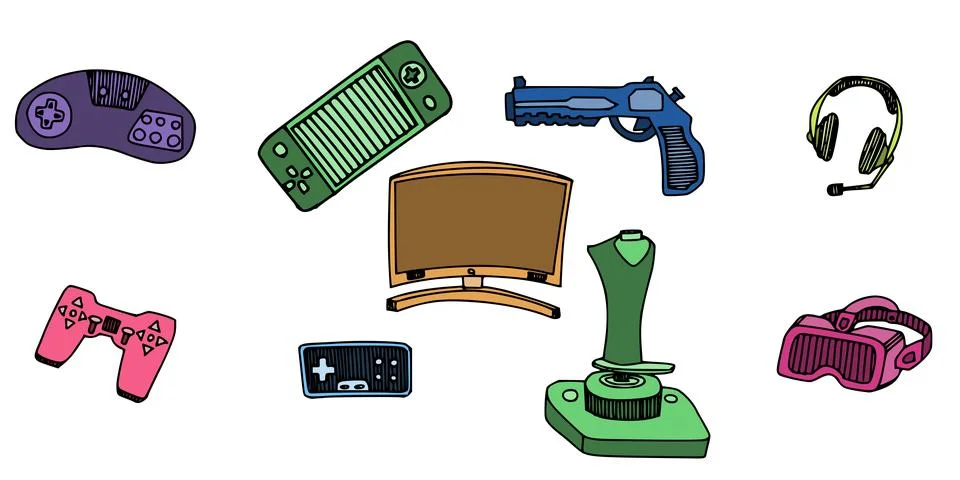 Large collection doodle drawings featuring gaming Illustrazione stock