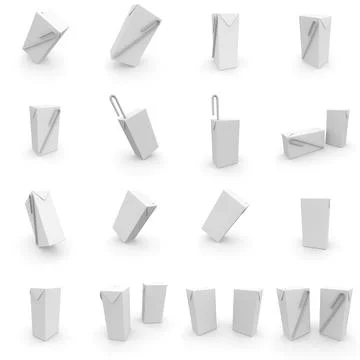 Large collection of empty juice boxes with straw for your design. 3D render Stock Illustration