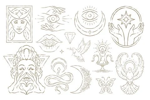 A large collection of esoteric symbols: goddess, eye, hands, snake, moon, and Stock-Illustration