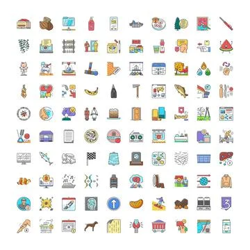 Large collection flat line icons depicting various concepts Ilustración de archivo