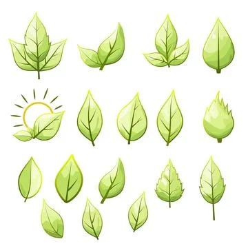 Large collection of green leaf icons Stock Illustration