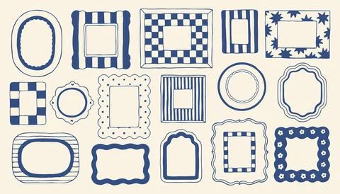 A large collection of hand drawn blue frames featuring stripes checkers and 스톡 일러스트