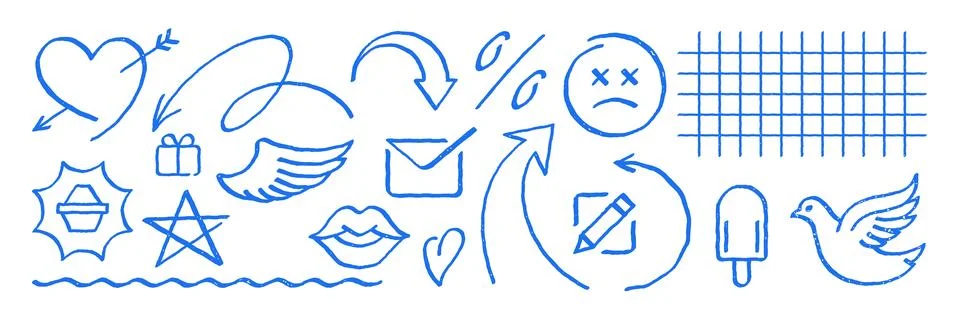 A large collection of hand drawn doodle objects. Unique grunge texture design Stock Illustration