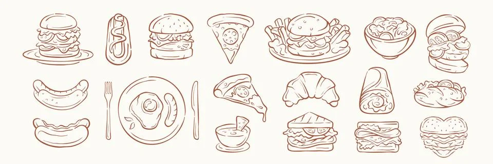 A Large Collection Of Hand Drawn Fast Food Doodle Icons Vector Illustration Stock Illustration