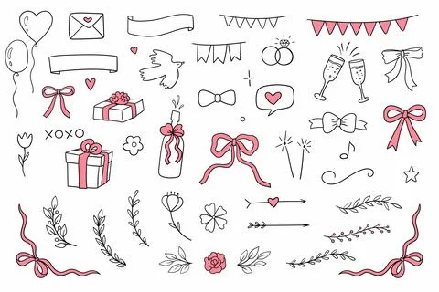 Large Collection of Hand-Drawn Romantic Doodle Icons and Elements for Weddi.. Stock Illustration