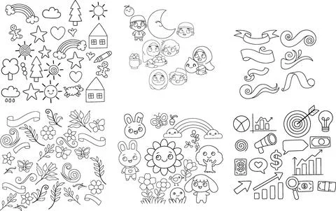 Large Collection of Hand Drawn Vector Doodle Icons for Kids Nature Business.. Stock-Illustration