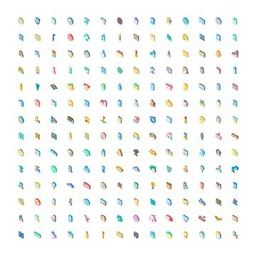 Large collection isometric icons representing various concepts Stock Illustration