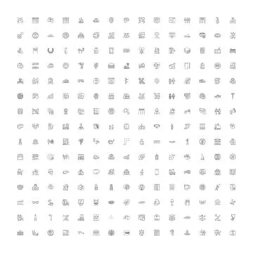 Large collection of line icons representing common objects and concepts Stock Illustration