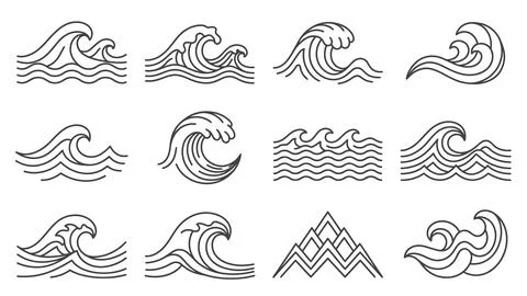 Large collection of outline ocean waves and mountain icons, symbolizing nat.. イラスト素材