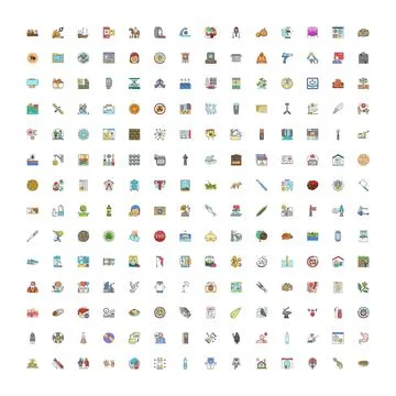 Large collection outlining diverse universal icons for web design Illustrazione stock