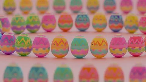 Large collection of patterned Easter eggs in a spiral formation Stock-Fotos
