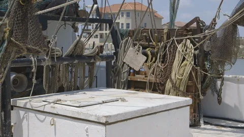 Large collection of rope on board a ship Stock Footage 104880879