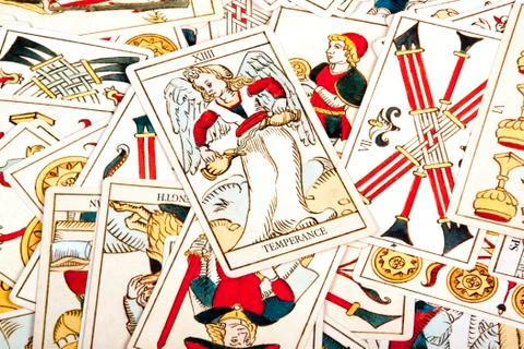 Large collection of scattered colored tarot cards Stock Photos