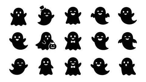 Large collection of smiling cartoon ghost icons with various poses and Hall.. Stock Illustration