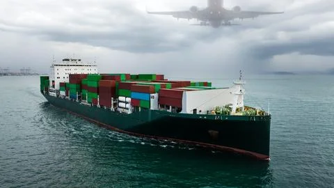 Large Commercial Container Ship Transporting Cargo Across Open Ocean Wide Sho Stock Photos