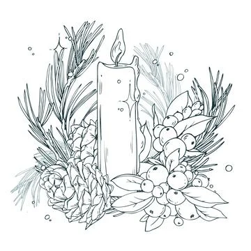 A large composition with a burning candle, pine branches, cones, and a New Year Stock Illustration