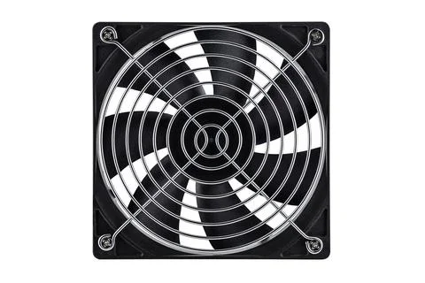 Large computer fan with silver grill, isolated on a white background with a c Stock Photos
