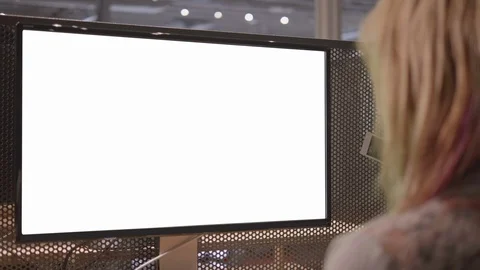 Large Computer Laptop Screen, Business Woman in Office Working Close Up Stock Footage 100047252