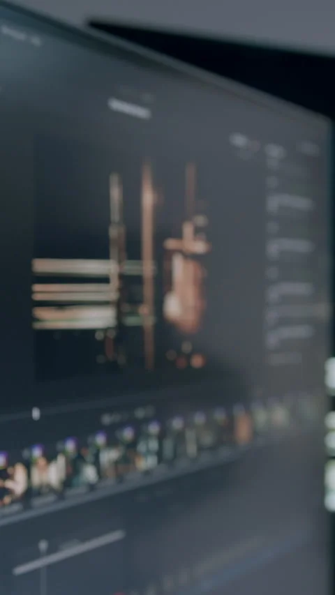 Large computer monitors with a video editor and colorist program. The process of Stock Footage 313929747