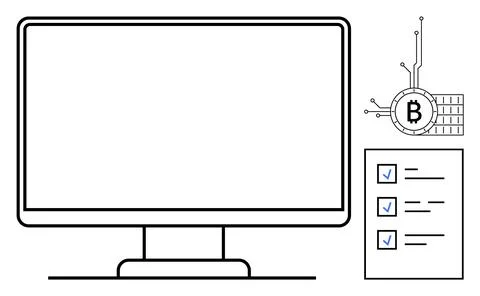 Large Computer Screen with Bitcoin Symbol and Checklist Stock Illustration