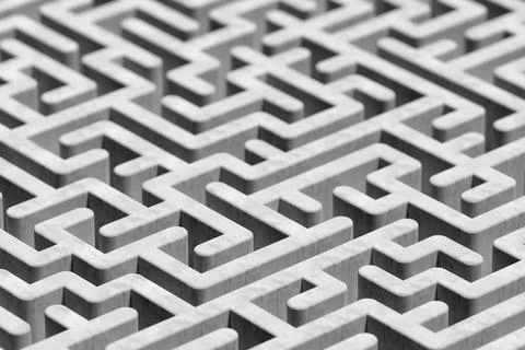 Large concrete maze or labyrinth over white background, success, strategy or  Illustrazione stock