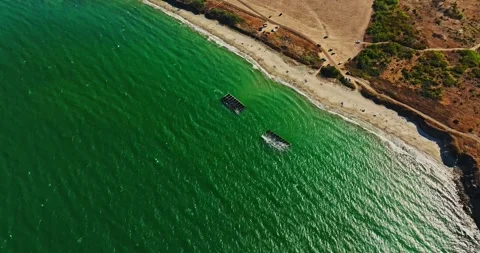 Large Concrete Slabs Protesting Beach From Sea Currents Burgas Bulgaria Aerial Stock Footage 300445178
