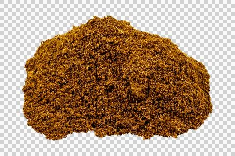 A large, conical pile of finely ground, dark brown organic soil or compost. Stock Photos