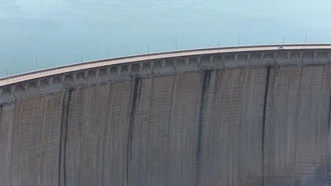 Large conrete wall of a dam with barrier lake (Presa de Almendra, Spain) Stock Footage 326861262