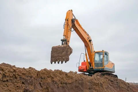 Large construction excavator at construction work. Special machinery 스톡 사진