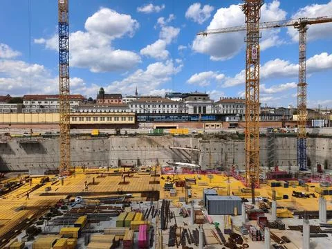 Large construction site of Dornych project with tower cranes in Brno Stock Photos