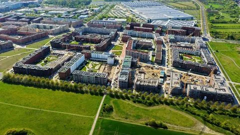 Large Construction Site in Germany with Multiple Cranes and Excavators Фото