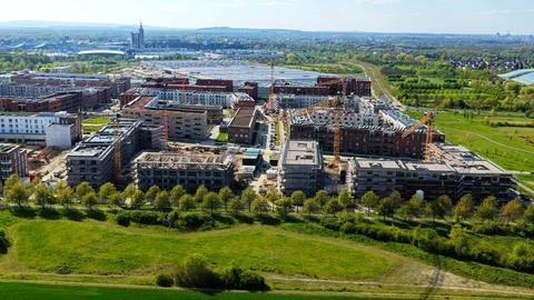 Large Construction Site in Germany with Multiple Cranes and Excavators Fotos Stock