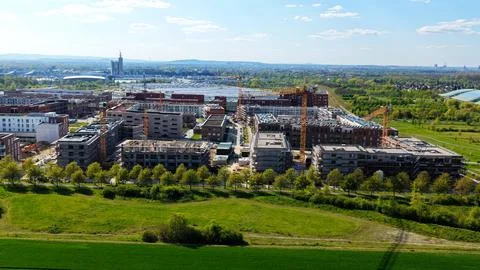 Large Construction Site in Germany with Multiple Cranes and Excavators Fotos Stock