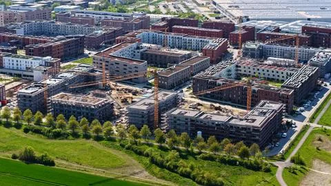 Large Construction Site in Germany with Multiple Cranes and Excavators Fotos Stock