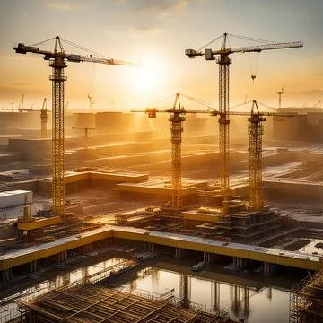 Large construction site including several cranes working on a building comp.. Foto stock