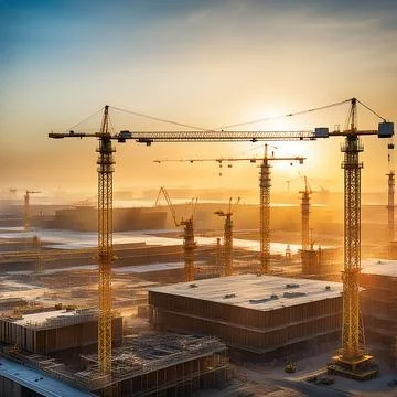 Large construction site including several cranes working on a building comp.. Stock Photos