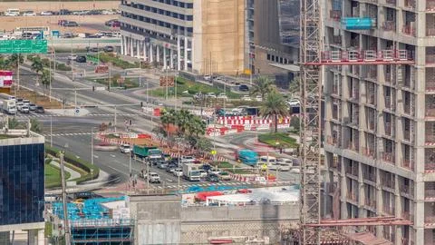 Large construction site with many working cranes timelapse. Fotos Stock