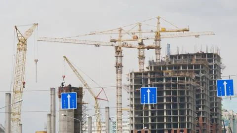 Large construction site in middle of the city. Stock Photos